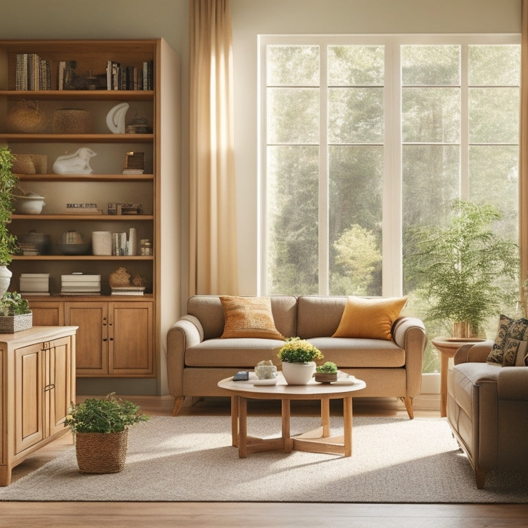 A serene living room with built-in shelves and cabinets in a warm, honey-brown wood tone, surrounded by lush greenery and soft, cream-colored furniture, illuminated by natural light pouring in through large windows.