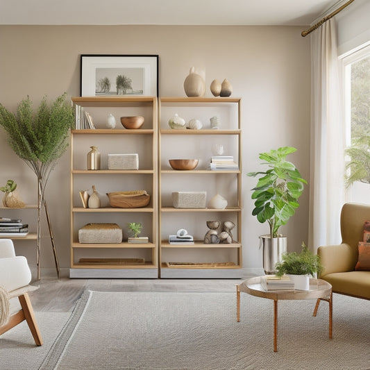 A bright, modern living room with sleek, floor-to-ceiling custom shelves in a warm wood tone, storing decorative vases, books, and framed photos, with a few strategically placed woven baskets.