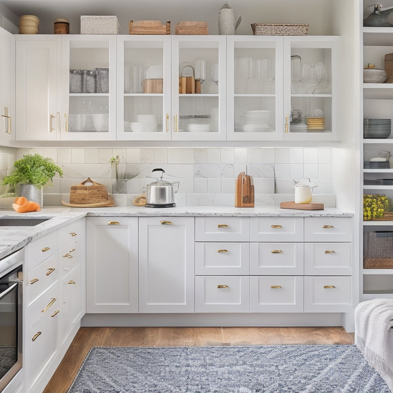 A bright, modern kitchen with sleek, white cabinets, pull-out drawers, and adjustable shelves, showcasing a perfectly organized cooking space with utensils, cookbooks, and gourmet appliances neatly stored.