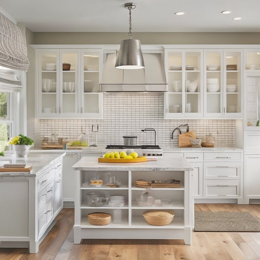 A bright, modern kitchen with sleek white cabinets, a large island, and a neutral-toned countertop, featuring a mix of open shelving, baskets, and drawers to showcase organized cookware and utensils.