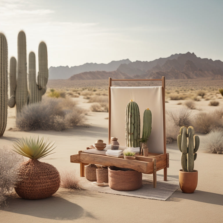 A serene desert landscape with a stylish, minimalist wooden rack in the center, adorned with a few, carefully draped organic fabrics in earthy tones, surrounded by sparse, elegant cacti.