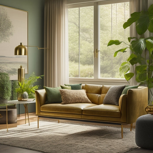 A serene living room with a mix of modern and vintage furniture, featuring a statement piece of abstract art above a sleek sofa, surrounded by lush greenery and warm, golden lighting.