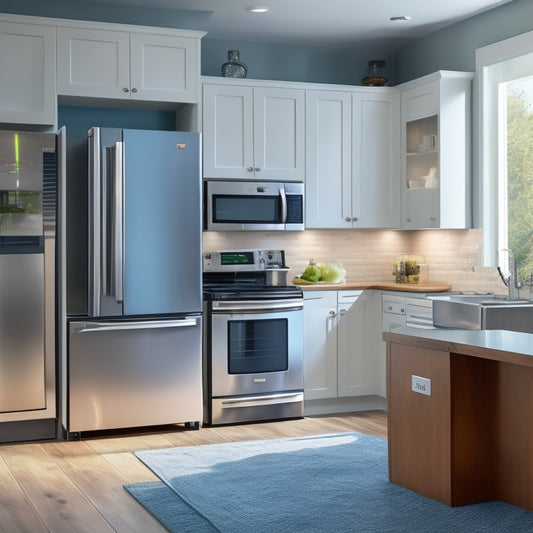 A modern, sleek kitchen with various Frigidaire appliances, including a stainless steel refrigerator, range, and dishwasher, arranged in a harmonious layout, with soft, warm lighting and a subtle background.