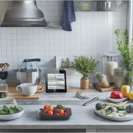 A modern kitchen with a cluttered countertop, scattered recipe books, and utensils, contrasted with a tidy area featuring a tablet displaying a meal planning app, a sleek stand mixer, and a few neatly arranged ingredients.