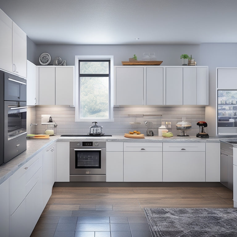 A modern kitchen with sleek white cabinets and dark countertops, surrounded by multiple PC monitors displaying different kitchen design software interfaces, with a 3D kitchen model rotating on the central screen.