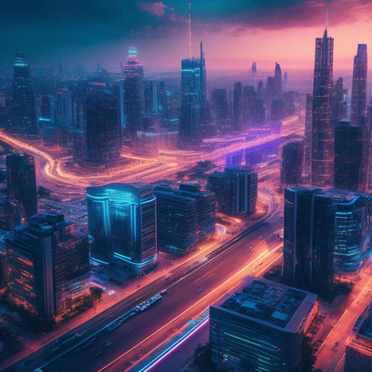 A futuristic cityscape at dusk with sleek skyscrapers, neon-lit circuits, and holographic projections, surrounded by robots, drones, and autonomous vehicles, with a subtle glow of coding lines in the atmosphere.