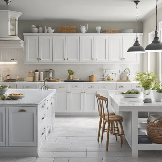 A tidy kitchen with a U-shaped counter, sleek white cabinets, and a large island in the center, featuring a built-in sink and a utensil organizer with neatly arranged pots and pans.