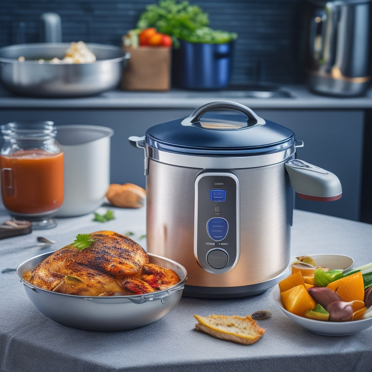 A stainless steel multicooker with a sleek, modern design, surrounded by a medley of vibrant, perfectly cooked dishes: golden-brown roasted chicken, fluffy white rice, and crispy-fried vegetables.