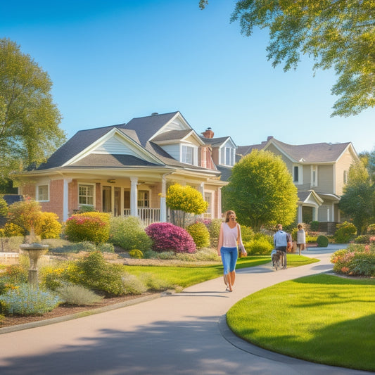 A serene suburban street with a mix of modern and traditional houses, each with a well-manicured lawn, blooming flowers, and a few residents chatting or walking dogs, under a sunny blue sky.