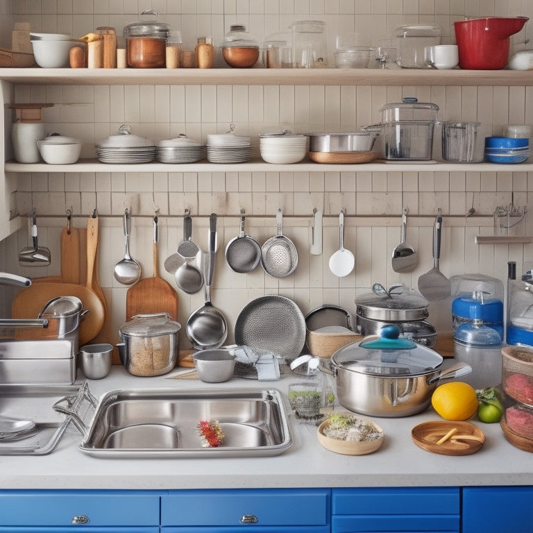 A cluttered kitchen with overflowing countertops, utensils scattered everywhere, and a jumbled mess of pots and pans, contrasted with a tidy kitchen in the background featuring labeled drawers, a utensil organizer, and a clean, empty countertop.