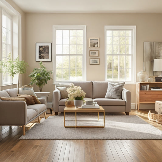 A bright, airy living room with a freshly painted neutral-colored wall, sleek hardwood floors, and a few strategically placed pieces of modern furniture, surrounded by packing boxes and a "Sold" sign.