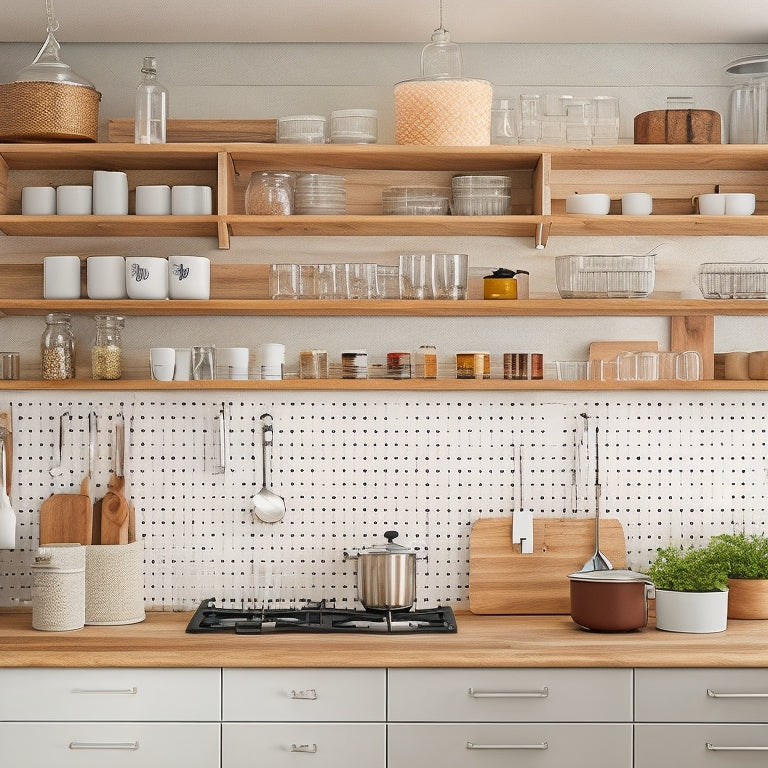 A bright, modern kitchen with sleek countertops, white cabinets, and warm wood accents, featuring various DIY organizers: a pegboard with hanging utensils, a spice rack made from reclaimed wood, and a utensil drawer divider.