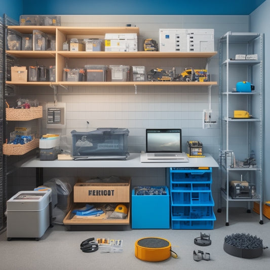 A clutter-free workshop with a 3D printer at its center, surrounded by neatly organized toolboxes, labeled storage bins, and a pegboard with hanging gadgets, all rendered in a sleek, modern aesthetic.