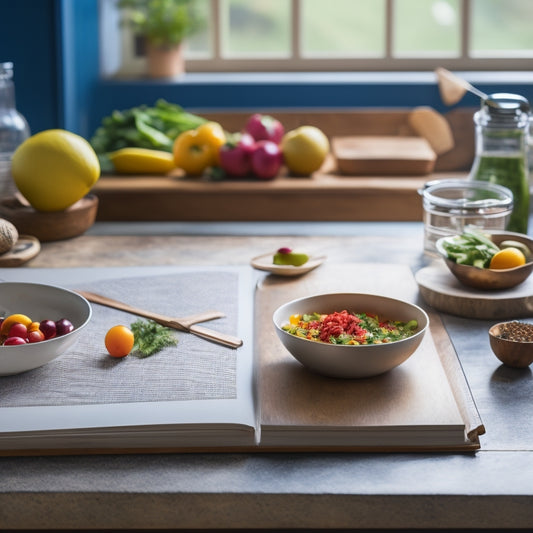 A tidy kitchen counter with a wooden recipe binder, open to a colorful, handwritten recipe page, surrounded by fresh ingredients, a mixing bowl, and a few utensils, with a blurred kitchen background.