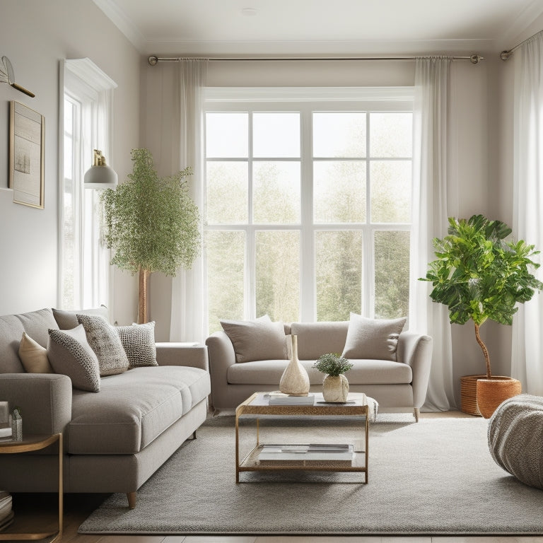 A beautifully organized and staged living room with a neutral color palette, minimalist decor, and plenty of natural light pouring in through the large windows.