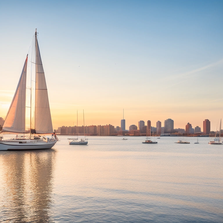 A serene, clutter-free Boston harbor scene at sunrise, with a sailboat's crisp white sails reflecting the sky's pastel hues, surrounded by a few neatly arranged nautical elements and a subtle cityscape in the distance.