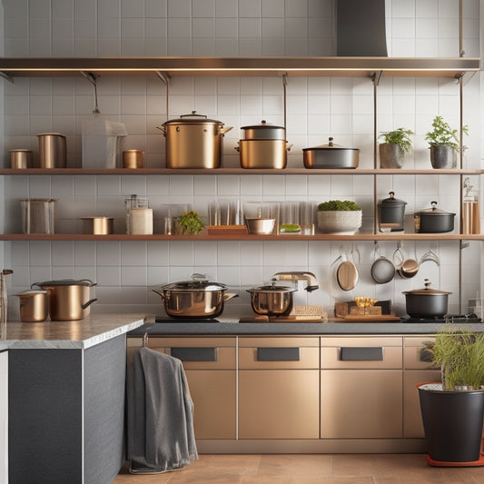 A sleek, modern kitchen with Rev-A-Shelf's Clever Cookware Organizer installed, showcasing neatly stacked pots, pans, and lids, with a few utensils hanging from hooks, and a warm, golden lighting effect.