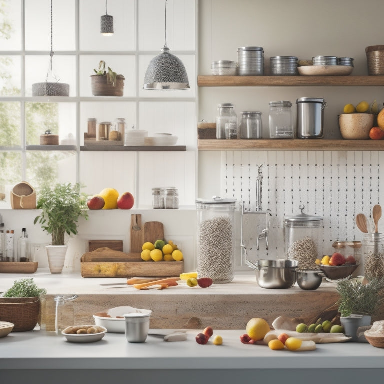 A serene kitchen with a stainless steel counter, a wooden island, and a pegboard displaying utensils, surrounded by neatly organized jars, baskets, and a few ripe fruits, bathed in warm natural light.