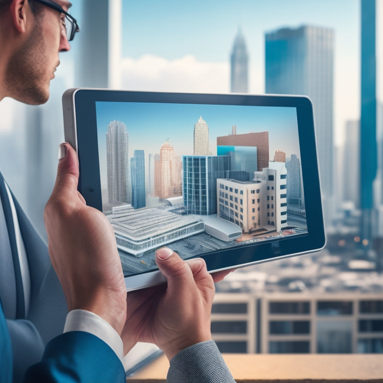 A modern, sleek, and minimalist illustration of a person standing in front of a cityscape, holding a tablet with a 3D house model on the screen, surrounded by puzzle pieces falling into place.