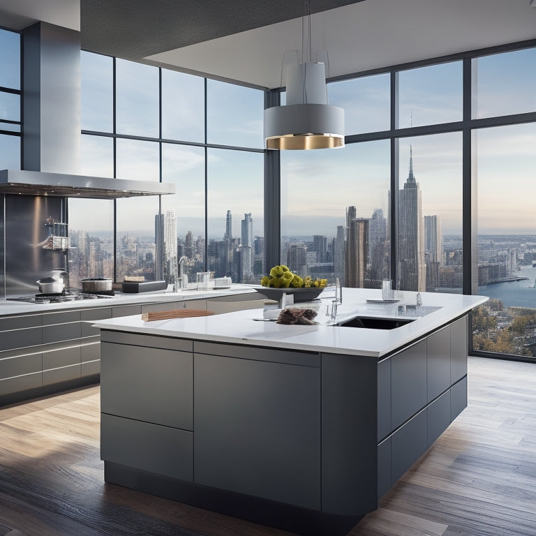 A modern kitchen with sleek, high-gloss cabinets, a large island with a built-in cooktop, and a massive window with a cityscape view, surrounded by 3D design tools and a laptop.