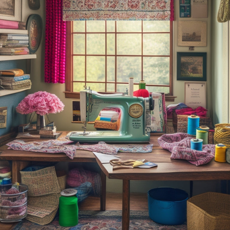 A tidy sewing room with a vintage machine, scraps of colorful fabrics, threads, and notions scattered on a wooden table, surrounded by inspirational sewing books and a few finished projects on a nearby shelf.