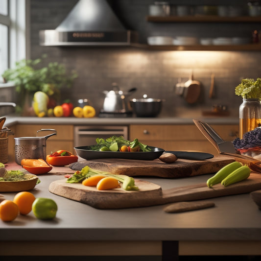 A warm, well-lit kitchen with a stainless steel countertop, featuring a chef's knife, a wooden cutting board, and a few fresh vegetables, surrounded by subtle kitchen utensils and a blurred background.