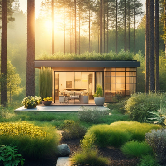 A serene, modern home with large windows and a lush green rooftop garden, surrounded by a tranquil forest, with a warm golden light radiating from within.