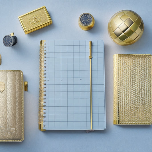A minimalist illustration featuring a stylized, gold-coated globe with a subtle grid pattern, surrounded by five sleek, modern planners in various colors, each with a unique lock and key design.