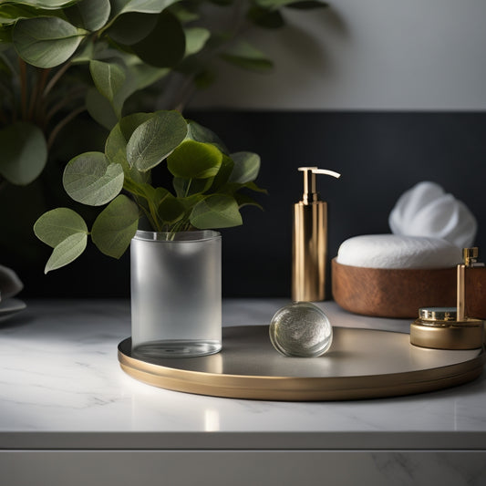 A sleek, modern kitchen countertop with a bespoke soap tray in polished marble, adorned with a delicate soap dispenser and a few fresh eucalyptus leaves, surrounded by subtle, warm lighting.