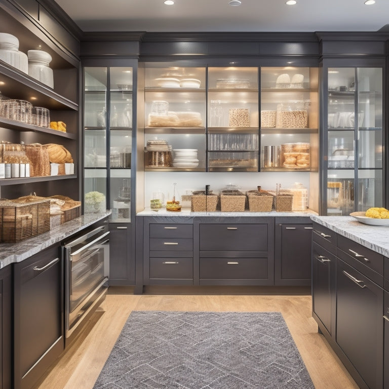 A sleek, modern pantry with floor-to-ceiling glass doors, warm LED lighting, and polished chrome hardware, featuring lazy Susan turntables, wicker baskets, and a built-in coffee station with a marble countertop.