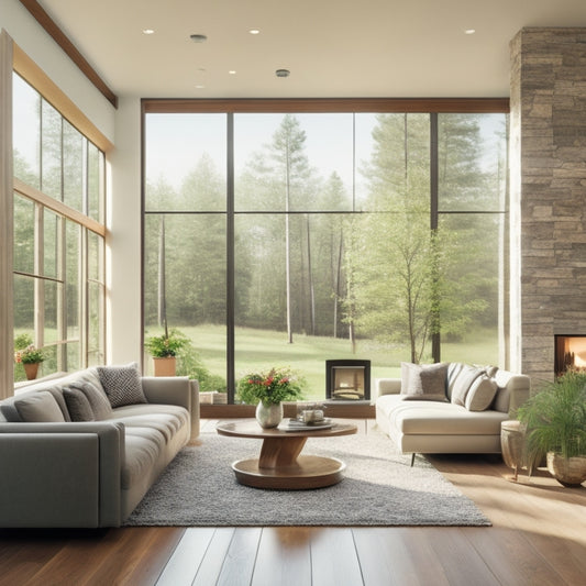 A serene, modern living room with large windows, a statement stone fireplace, and sleek hardwood floors, surrounded by lush greenery and a bright, sunny sky.