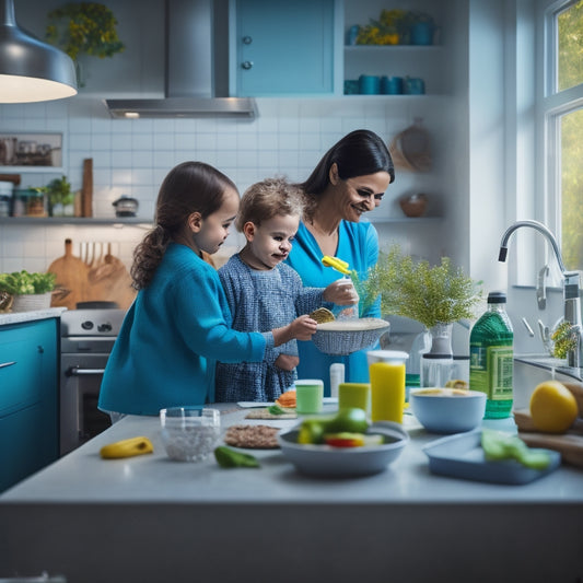 An image of a sparkling clean kitchen with a mother and child preparing a meal together, surrounded by allergy-friendly cleaning products and a certificate on the wall with a green checkmark.