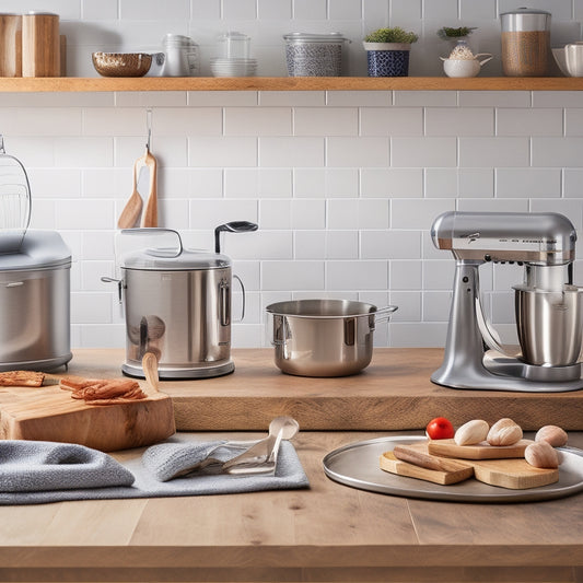 A clutter-free kitchen countertop with a sleek, silver stand mixer, a stainless steel utensil organizer, and a stack of three, neatly arranged, wooden cutting boards in the background.