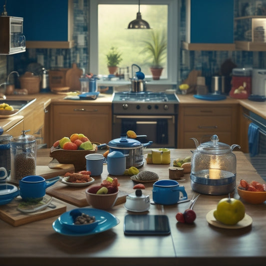 A busy kitchen with countertops cluttered with various kitchen utensils, gadgets, and appliances, transitioning into a tidy and organized space with digital devices, such as tablets and smartphones, in the background.