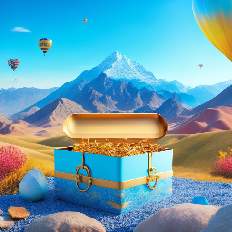 A vibrant, sunny landscape with a stylized, golden treasure chest overflowing with colorful, swirling papers and a few Canva logos, set against a backdrop of mountains and clear blue sky.