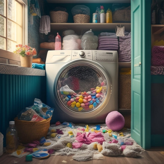 A whimsical illustration of a laundry room turned upside down, with soap bubbles and detergent packets bursting out of a cluttered pantry, amidst tangled threads and colorful fabric scraps.