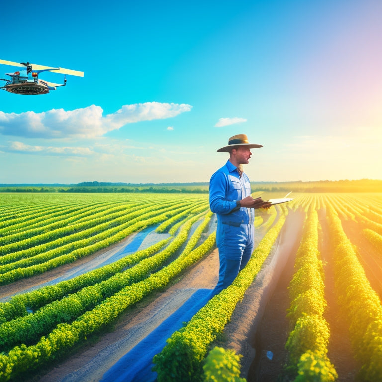 A futuristic farm landscape with a tablet-wielding farmer standing amidst lush green fields, surrounded by drones, autonomous tractors, and vertical farming structures, under a bright blue sky with fluffy white clouds.