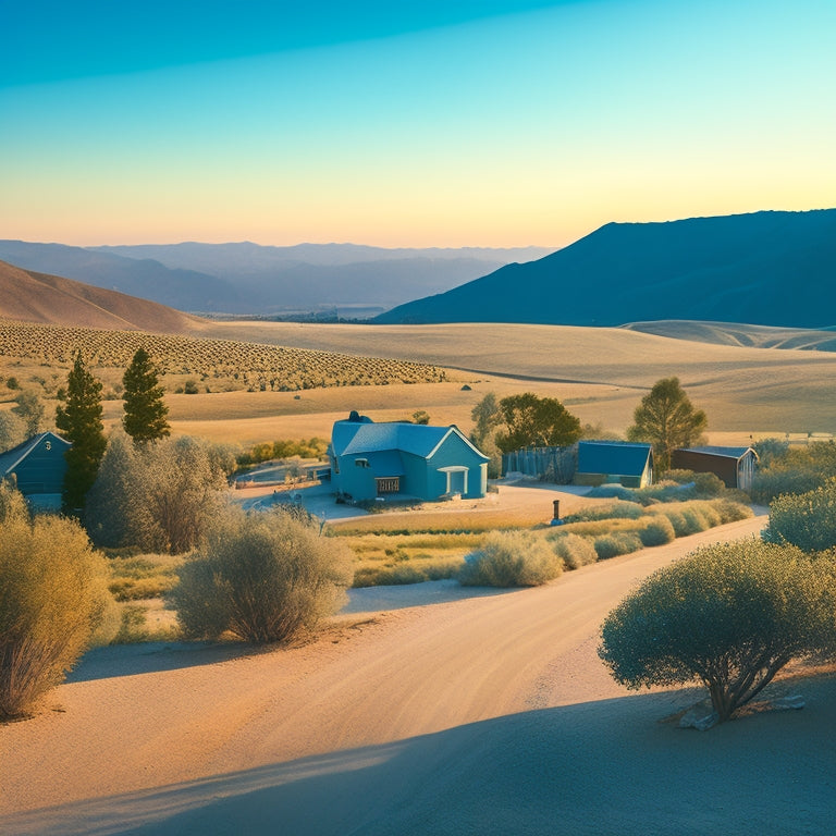 A serene California landscape with a subtle sunny glow, featuring a faint outline of the state's shape in the background, surrounded by scattered house keys, compasses, and miniature houses in shades of blue and green.