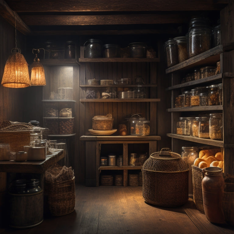 A dimly lit, rustic pantry with wooden shelves stacked with airtight containers, glass jars, and metal cans, surrounded by lanterns, a wooden crate, and a vintage compass, evoking a sense of preparedness and self-sufficiency.