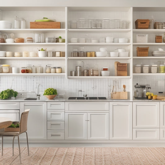 A modern kitchen with white cabinets, stainless steel appliances, and a large island, showcasing organized storage solutions: stacked containers, a pegboard with hanging utensils, and a pull-out spice rack.