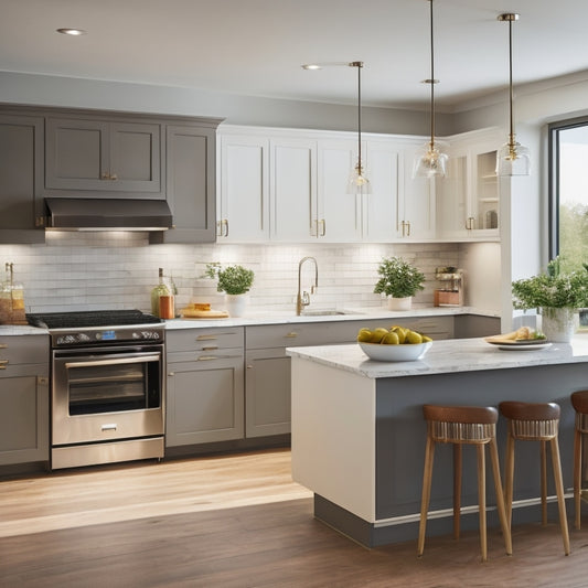 A modern, bright kitchen with creamy cabinets, dark countertops, and warm lighting, featuring a sleek L-shaped layout with a large island, surrounded by ample negative space.