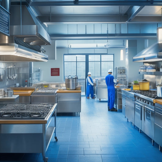 A bustling commercial kitchen with stainless steel appliances, rows of cooking stations, and a partially constructed wall in the background, surrounded by blueprints, hard hats, and construction tools.