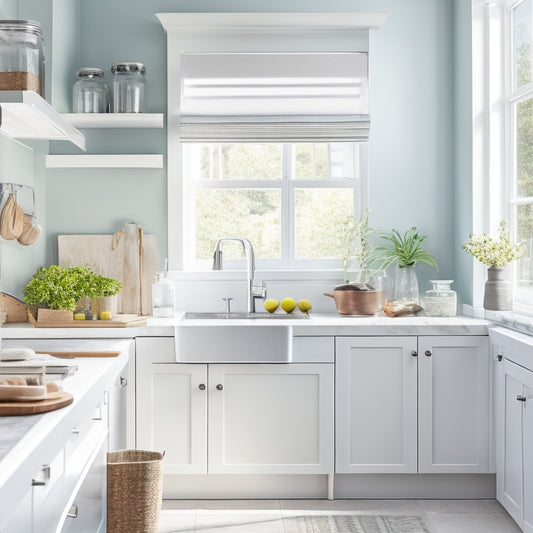 A bright, airy kitchen with sleek countertops, featuring a wall-mounted utensil organizer, a pull-out trash can, and a set of stackable glass containers on a shelf, amidst a backdrop of soft, natural light.