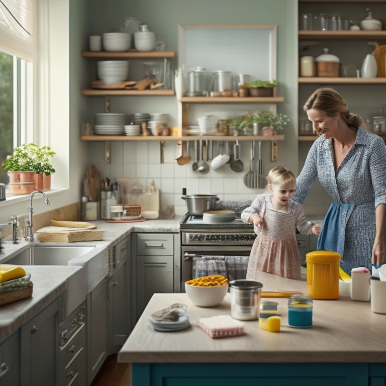 A tidy kitchen with a busy mom in the background, surrounded by cleaning supplies, with a sparkling sink, organized countertops, and a few strategically placed cleaning hacks, such as a dish rack with a built-in scraper.