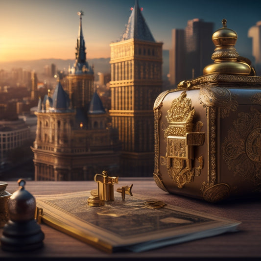 A golden key unlocking a treasure chest overflowing with stacks of money, surrounded by diverse digital products like ebooks, software, and audio files, with a cityscape or business district background.