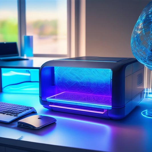 A futuristic, sleek Brother printer sits atop a minimalist desk, surrounded by vibrant, swirling lines and circuits, with glowing blue accents and a holographic display hovering above.
