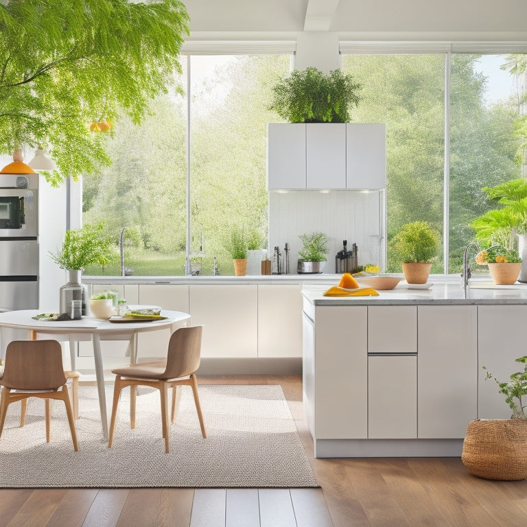 A bright, modern kitchen with sleek white cabinets, stainless steel appliances, and a large island made from Ikea's Linnmon table top and Adel legs, surrounded by vibrant greenery and natural light.