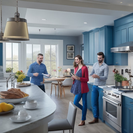 A modern, bright kitchen with a large island, surrounded by a designer and a homeowner, both holding tablets, with 3D kitchen design models and color swatches on the screens.