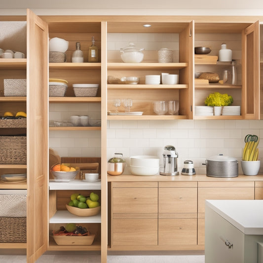 A bright, modern kitchen with a narrow cabinet open, revealing a customized Rev-A-Shelf organizer system with adjustable shelves, baskets, and dividers in a warm, wood-grain finish.