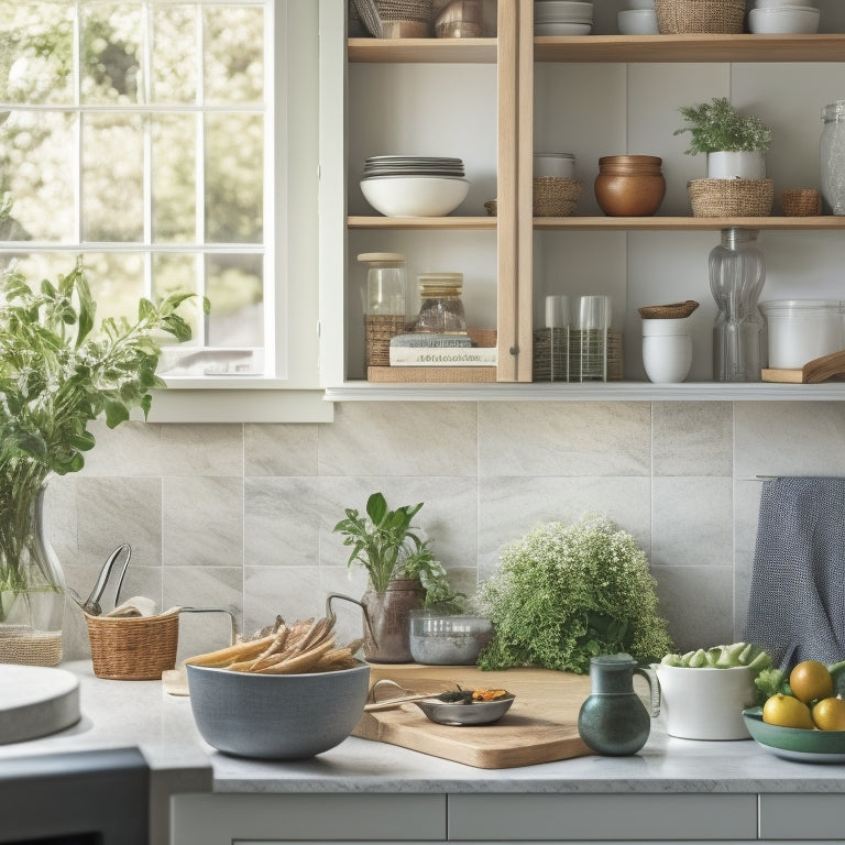 A serene, well-organized kitchen with a few, carefully selected cookbooks on a wooden shelf, a utensil organizer on the counter, and a single, elegant vase with fresh greens on the island.